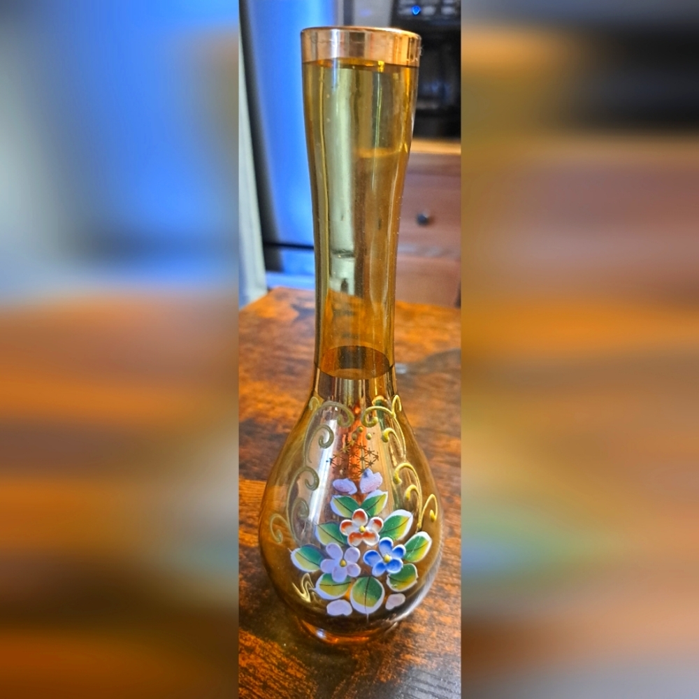 Gorgeous Vtg Amber Bud Vase Gold Trim Hand Painted Flowers 8 In Norleans Japan